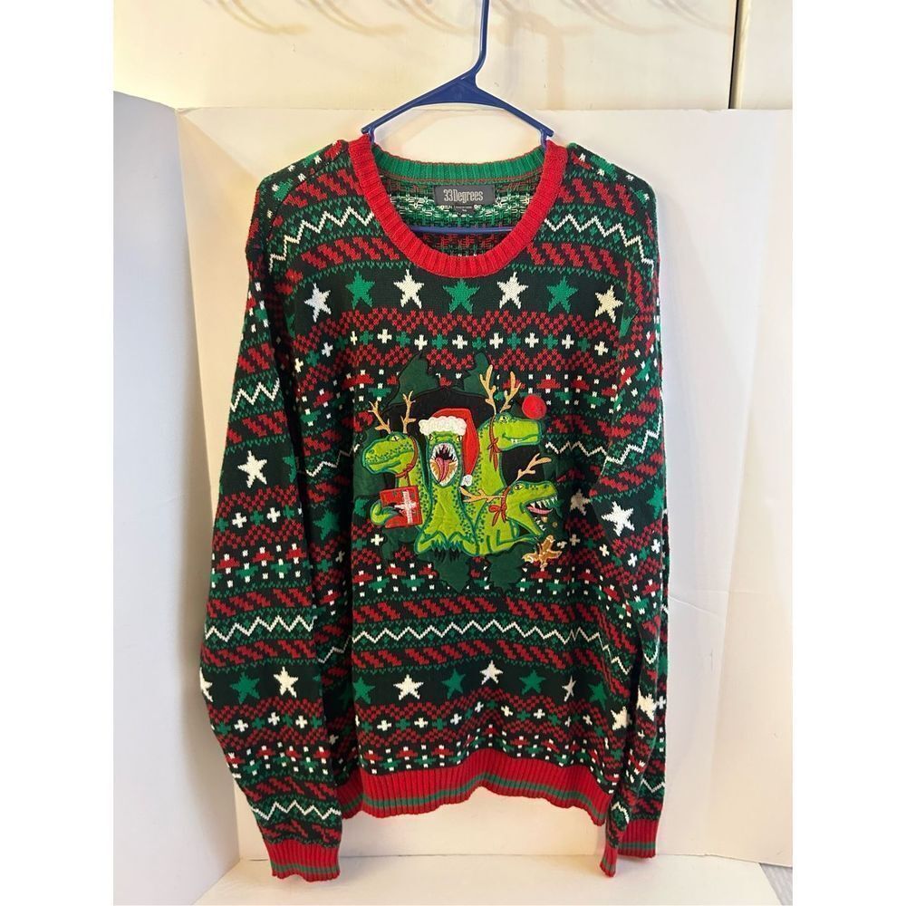 33 Degree Dinosaur Santa‎ Hat Gingerbread M Mens Christmas Sweater Green Red